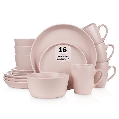Image of Stone Lain Albie Stoneware 16-Piece Modern Dinnerware Set, Kitchen Plates and Bowls Sets, Service for 4, Pink, Microwave & Dishwasher Safe