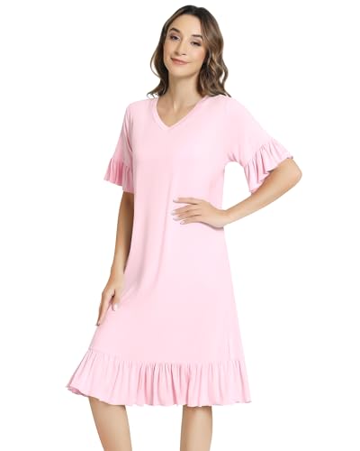 Image of NACHILA Bamboo Viscose Nightgowns for Women Short Sleeve V Neck Sleepwear