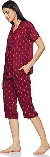 Image of Longies Women's Rayon Pyjama Night Suit Regular Capri Set ((LGRCSSY012 Red Large) L)