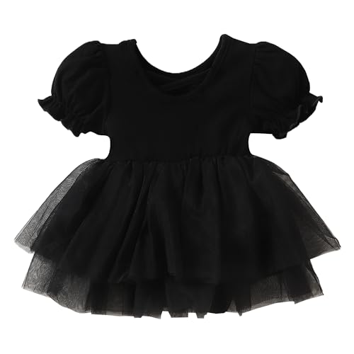 TENTIDE Newborn Baby Girl Romper Dress Ruffle Short Sleeve Solid Casual Tulle Dresses Baby Girl Clothes for Girls(Black,0-3 Months)
