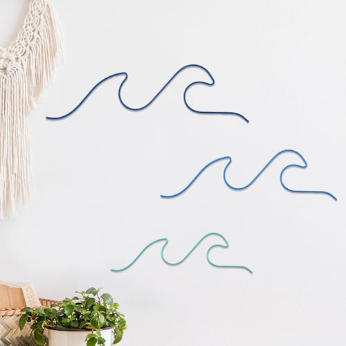 Tandefio 3 Pcs Metal Ocean Wave Wall Decor Blue Wave Beach Wall Art Nautical Decor Coastal Sea Surf Board Hanging Summer Seaside Decoration for Bedroom Bathroom Living Room