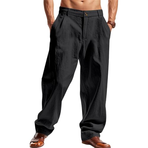 Generisch Pantalones de lino para hombre, pantalones anchos de verano de lino, pantalones de playa para hombre, verano, largos y ligeros, holgados, monocolor, vintage, pierna ancha, pantalones largos