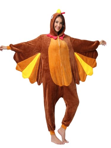 DKRUW Adult Onesie Pajamas Animal One Piece Turkey Costume Halloween Cosplay for Women Men (Turkey X-Large)