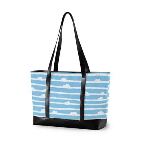KLL Sky Blue and Pure White Stripe Pattern Doodle Art fashion women 14 inch laptop tote with zipper large tote Large Handbag for women work with lunch bolsas para computadoras de mujer