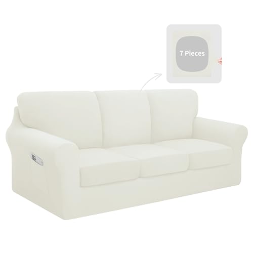 Easy-Going 7 Pieces Stretch Couch Cover Washable Sofa Cover Set for 3 Backrest and Seat Cushion Couch Anti-Slip Sofa Slipcover Furniture Protector with Elastic Bottom (Large, Ivory)
