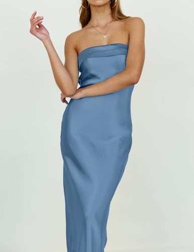 Image of MEROKEETY Women's Summer Satin Strapless Bodycon Dress 2026 Backless Tube Wedding Guest Cocktail Formal Party Maxi Dresses