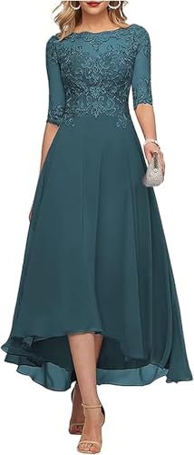 Lace Appliques Mother of The Bride Dress 3/4 Sleeves A line Tea Length Chiffon Formal Wedding Party Prom Gowns for Women