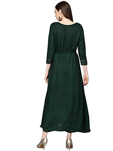 Image of Ishin Women's Viscose Rayon Green Printed Anarkali Kurta suit set with Palazzos