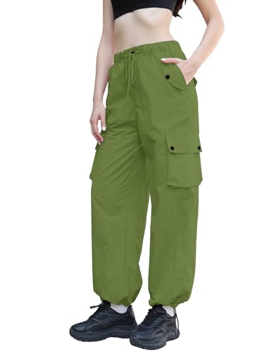 Image of Cromoncent Womens High Waist Parachute Pants Y2K Cargo Trousers with Pockets, Light Army Green, S