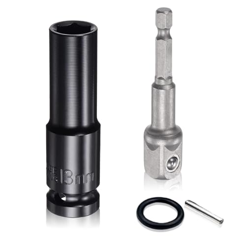 Universal Socket Set, Impact Drive Socket with Power Drill Adapter, 13mm Deep 6-Point Impact Socket 1/2 Hex Shank Adapter