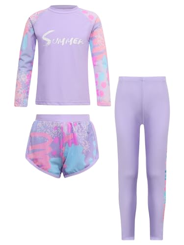 Hedmy Girls Long Sleeve Swimwear Rashguard T-Shirts with Swim Shorts Pants Set 3pcs Quick Dry Swimsuits UPF 503