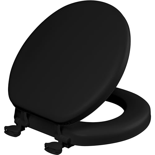 Image of Mayfair Padded Toilet Seat, Cushioned Soft Vinyl over Wood Core Seat, Secure Hinges, Easy Clean, Made in USA, Round, Black