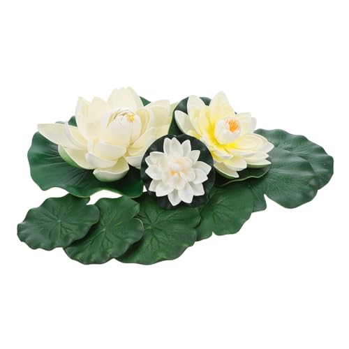 OFFSCH 9 Piezas Flores de Flotantes Artificiales Realistas con Verdes Plantas de de Agua para Estanques Pequeños Resistente la Intemperie