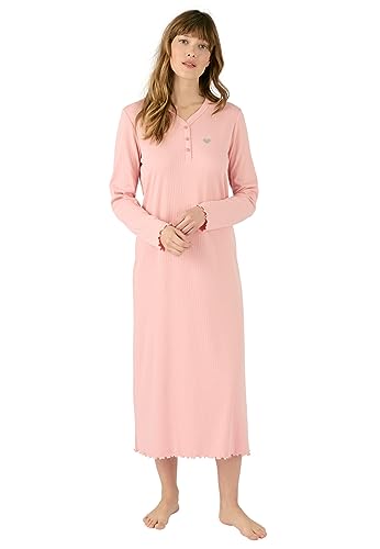 Damart - Chemise De Nuit Maille Interlock Côtelée Douce Et Souple Femme Rose Taille 46-48 (L)