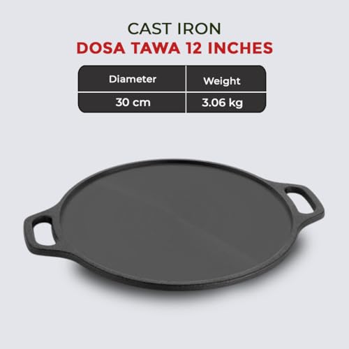 Image of AVIAS Cast Iron Dosa Tawa 30cm Pre-Seasoned 12 Inch | Double Handle Naturally Nonstick Cast Iron Tawa | Gas & Induction Compatible | 100% Pure Toxin-Free Roti Chapati Tawa for Dosa, Uthappam, Naan