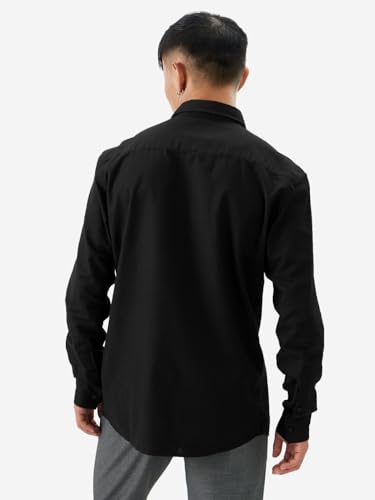 Image of The Souled Store Bold Black Men and Boys Long Sleeve Collared Neck Buttoned Front Regular Fit Cotton Linen Shirts