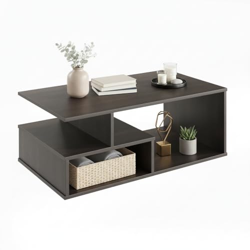 Image of FURNEASER Witely Coffee Table Modern Centre Table with Storage Shelves, Teapoy, Centerpiece Tea & Coffee Table for Living Room, Engineered Wood, Matte Finish, Wenge and White, 90x50x35 cm