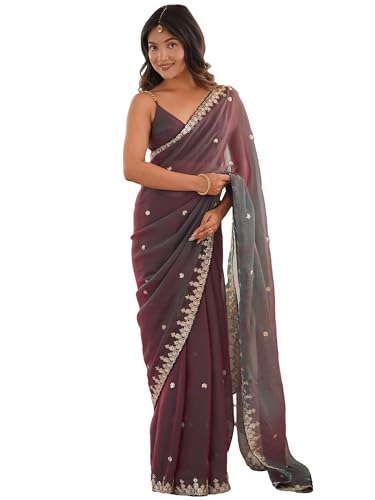 Image of AKHILAM Women's Shimmer Chiffon Sequence Embroidery Saree With Unstitched Blouse Piece(AARYAN21601 KR Parent)
