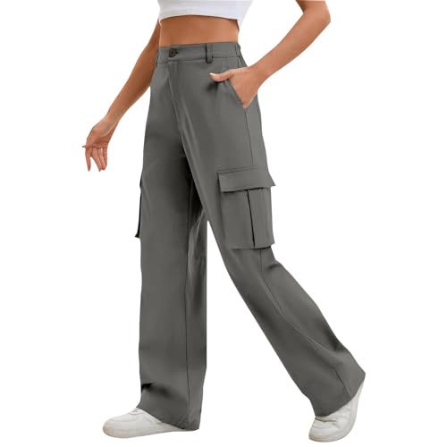 Cargo Pants Women Loose Hiking High Waisted Straight Leg Pants with Pockets Lightweight Comfy Button Lounge Pant2