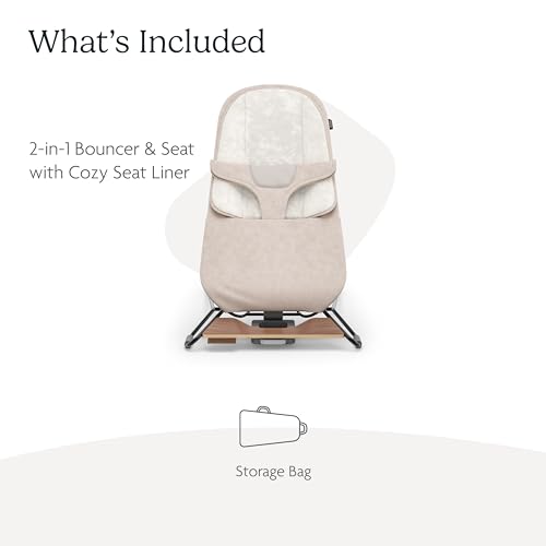 UPPAbaby-Mira-BouncerPortable-2-in-1-Bouncer-Seat-Grows-With-Your-BabyGREENGuard-Gold-JPMA-FSC-certifiedCozy-Seat-Liner-Storage-Bag-IncludedCharlie-Sand-MelangeBlack-ChromeWalnut-Wood