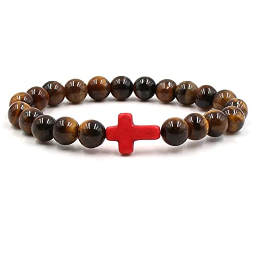 Bracelet oeil de tigre unisexe avec croix turquoise, idée cadeau idéale 19cm