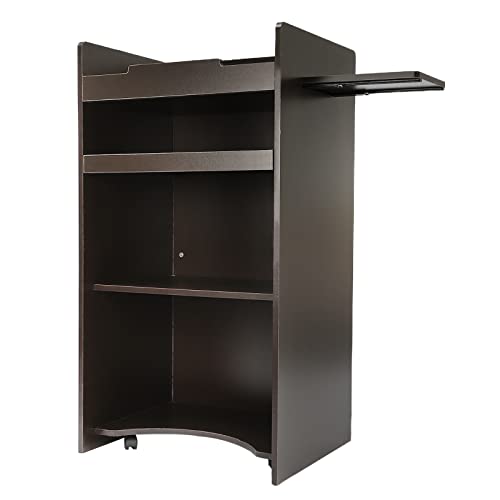 Mobile Wooden Podium with Sliding Side Board, 46in Floor Standing Lectern Podium Stand with Storage Shelves & 4 Wheels (2 Lockable) for Classrooms Seminars Office School Black
