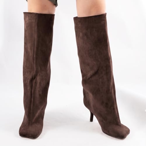 Image of DOBOYG Knee High Suede Boots for Women Wide Calf Square Toe Tall Boots | Stiletto High Heels Pull On Fashion Long Booties