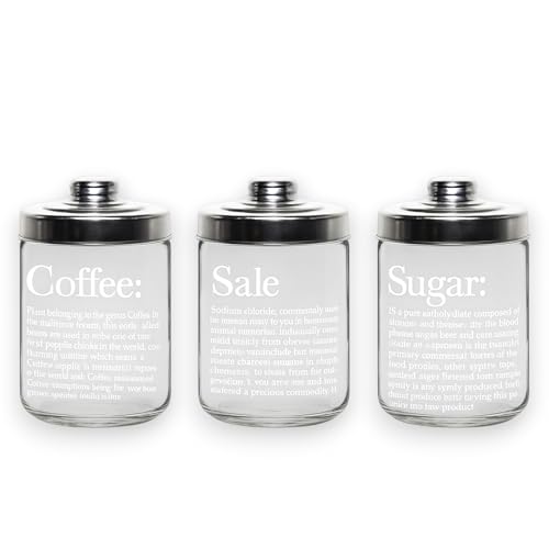 KORAT Set 3 Barattoli in Vetro 800 ml con Coperchio Ermetico Contenitori Cucina per Sale, Zucchero e Caffè Design Trasparente con Scritta Incisa Barattoli Porta Alimenti Lavabili in Lavastovigli
