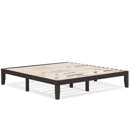 Komfott 14 Inches Wood Platform Bed Frame King Size, Solid Wood Mattress Foundation With Rubber Wood Frame, Strong Poplar Wood Slat Support, No Box Spring Needed, Bed Frame (Dark Brown) #TOP2