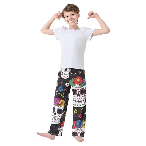 ZZXXB Skull with Colorful Flowers Boys Long Pants Soft Trousers Elastic Waist Kids Lounge Bottoms with Pockets S-XL3