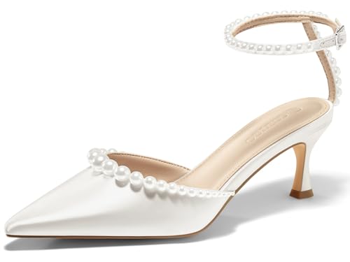 Coutgo Womens Pearl Kitten Heels Closed Pointed Toe Wedding Bride Dress Shoes Ankle Strap Satin Pumps, White, Size 8