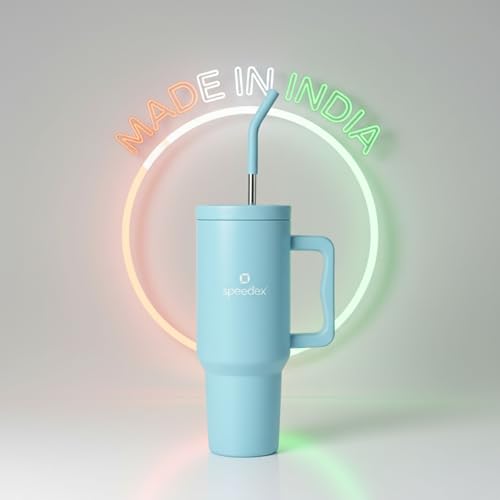 Image of Speedex 1200 ml Insulated Stainless Steel Tumbler with Handle, Straw & Cleaning Brush, Double Wall Leakproof Sipper Bottle, 24H Cold 18H Hot, Cup Holder Fit Travel Mug for Men Women (Sky Blue, 1.2 l)