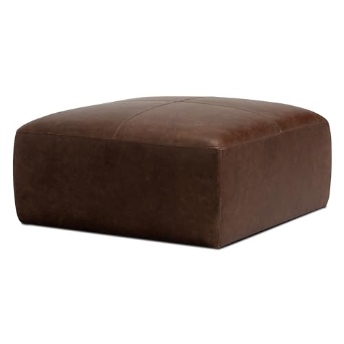Image of Poly & BARK Sequoia Ottoman - 35 inch Square Pouf with Feather-Down Topper - Full-Grain Leather Upholstered Pouf Ottoman for Living Room - Vintage Italian Leather in Chocolate Brown