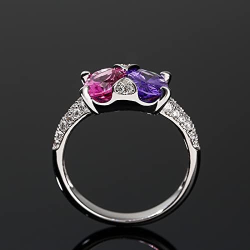 Jeulia Sterling Silver Purple Amethyst Women Ring Women's 2-Stone Engagement Ring Oval Fancy Pink diamond Promise Wedding Band Anniversary Crystal Halo Bridal Ring Set with Jewelry Gift Box