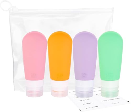 uceda choice shop (Pack de 4) Botellas de Silicona Rellenables para Viaje de 90ml - TSA Aprobadas, Botes de Viaje para Avión