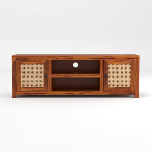 Image of Solid Sheesham Wood Entertainment TV Unit with 2 Door | Rosewood Tv Stand /TV Cabinet for Living Room | Bedroom | Wooden TV Panel with Shelf Stoarge | TV Table