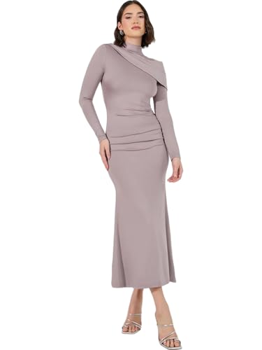 Image of Styli Women Brown Cut-Out Detail High Neck Draped Maxi Dress | High Neck, Ruching Detail, Pleated Long Sleeves, Zip Closure, and Flattering Maxi Length for an Elegant Look.