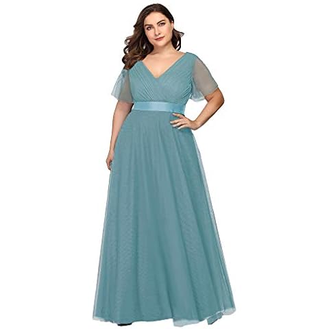 Ever-Pretty Plus Damen Abendkleid V Ausschnitt A-Linie Kurze Ärmel Lange Tüll Brautjungfernkleid Dunkles Himmelblau 54 Cover