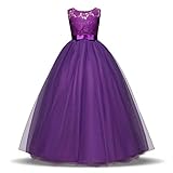 Flower Girl Dress Lace Tulle Long A Line Princes Pageant Formal Wedding Bridesmaid Party Maxi Dresses for Girls 9-10 Years Old Purple