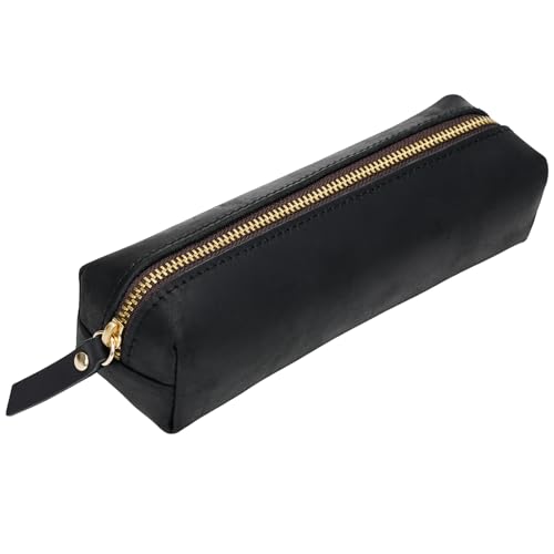 Image of ECHSRT Small Genuine Leather Pencil Pouch for Adults, Black | Crazy Horse Leather Finish, Compact Writing Instrument Storage