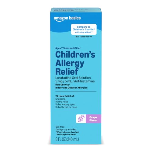 Amazon Basics Children’s Allergy Medicine, 24 Hour Loratadine Oral Solution 5 mg/5 mL, Non-Drowsy Antihistamine, Grape Flavor, Ages 2 and Older, 8 fl oz (Pack of 1) (Previously Care) - image 1