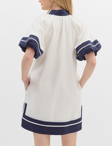 Image of Esmeling Women's Color Block Pullover Dress V-Neck Puff Sleeve Dress Mini Shirt Dress with Pockets