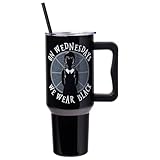 Silver Buffalo The Addams Family Wednesday On Wednesdays We Wear Black Stainless Steel Tumbler with Handle and Straw, Fits in Standard Cup Holder, 40 Ounces