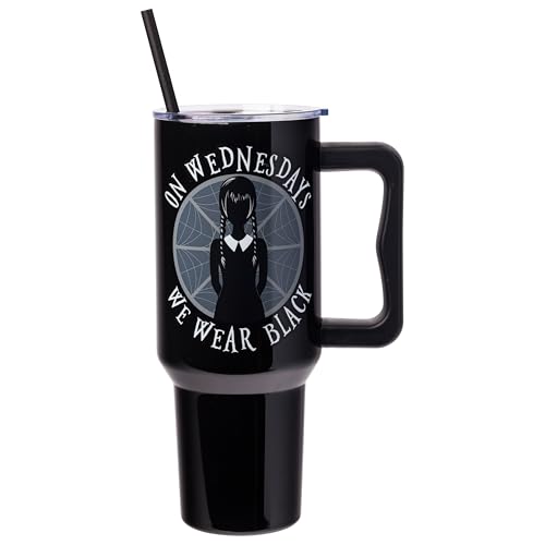 Silver Buffalo The Addams Family Wednesday On Wednesdays We Wear Black Double Walled Stainless Steel Tumbler with Handle and Straw, Fits in Standard Cup Holder, 40 Ounces