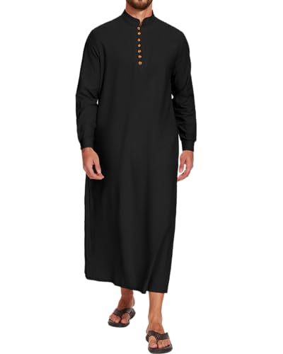 LVCBL Thobe for Men Long Sleeve Kaftan Muslim Thobe Button Down Long Gown Caftan with Pockets