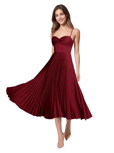 A-Line Satin Bridesmaid Dresses for Women Pleated Tea Length Spaghetti Straps Corset Wedding Guest Dress