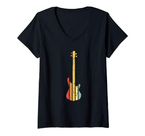 Mujer Bajista Bajo Guitarra Silueta Vintage Color Bajista Camiseta Cuello V