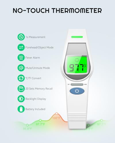 Image of MugeTree No-Touch Forehead Thermometer for Adults and Kids Digital Baby Thermometer 2 in 1 Forehead & Object Thermometer Fever Alarm & Silent Mode Baby Essentials Non Contact