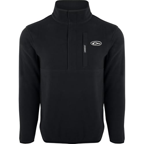 Drake Waterfowl Men's Camp 2.0 Fleece Pullover | Hunting Anti-Pill Moisture Wicking 1/4 Neck Snap Sweater with Chest Pocket, Black, Large