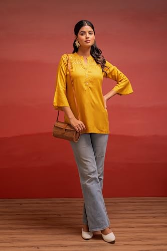 Image of Juniper Mustard Polka Dot Viscose Tunic with Thread Work, Mirror & Button Detailing